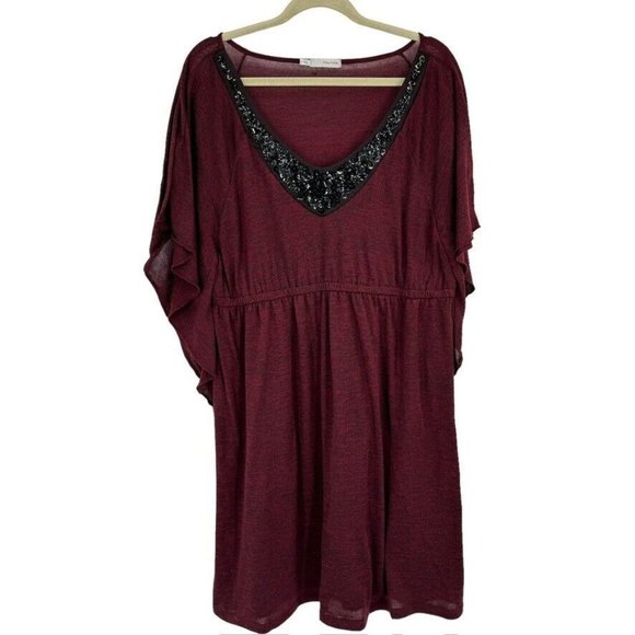 Maurices women's burgundy Sequin v Neck knit Dress Size 1x plus flutter sleeve - Picture 1 of 15